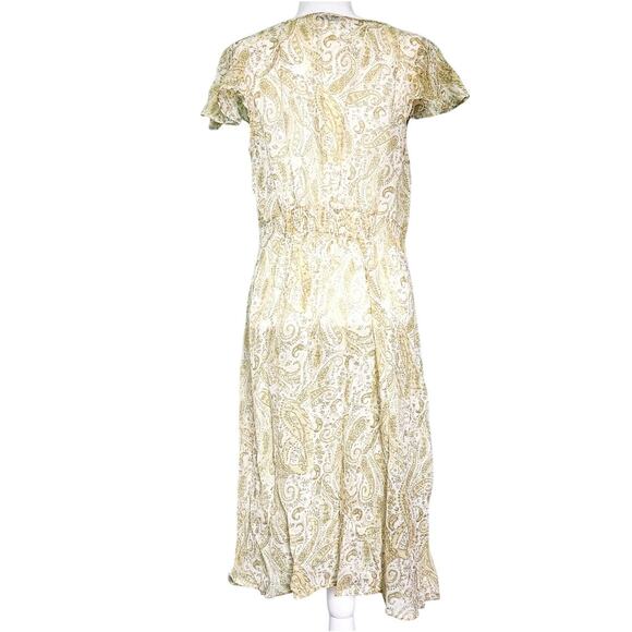Lucky Brand Yellow Paisley Boho Midi Dress Size L Short Flutter Sleeves - Picture 5 of 10